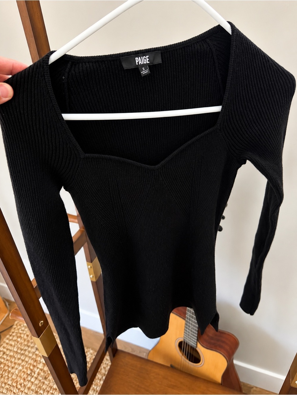 $250 Paige Black Ribbed Long-Sleeve Knit Top - Picture 2 of 5